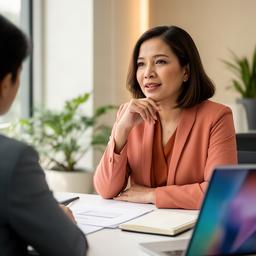 Pengasas wanita berbincang tentang laporan kewangan di ruang pejabat Fong & Farid Automate
